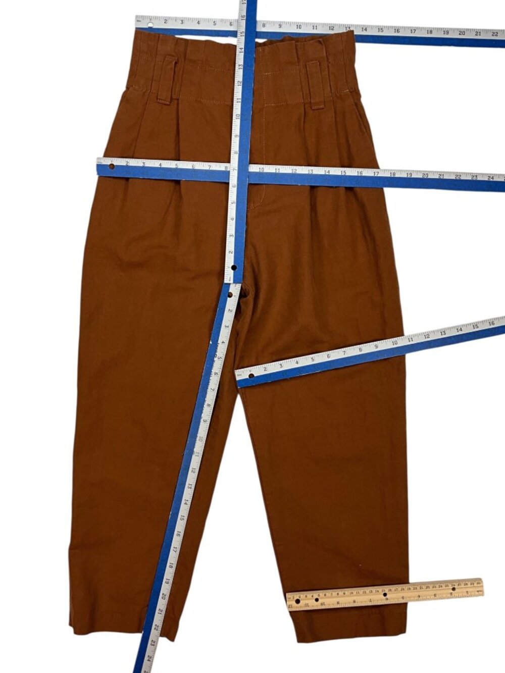 Zara Linen Cotton High Rise Tapered Pant XS Brown Paperbag Waist - Picture 9 of 16